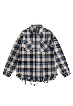 Ripped blue check shirt distressed plaid blouse grunge top