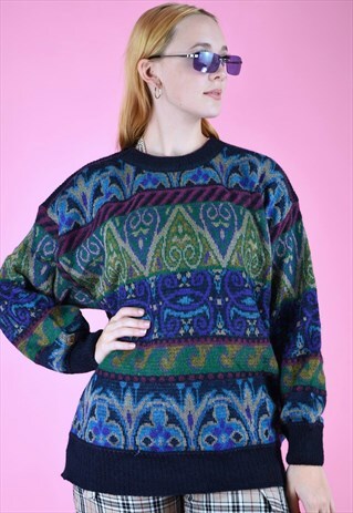 VINTAGE 90S KNIT JUMPER GEOMETRIC PATTERN BLUE GREEN