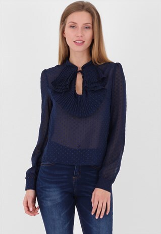 NAVY PLEATED COLLAR SHEER BLOUSE