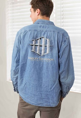 VINTAGE HARLEY-DAVIDSON DENIM SHIRT LOGO 90S X 17.5