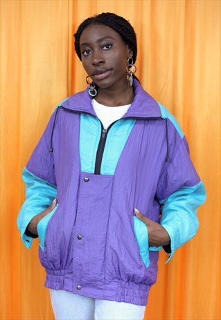 VINTAGE 80S WINDBREAKER JACKET BLUE PURPLE ZIP UP COLLARED