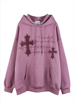 Pink Cross embroidered Graphic Oversized Hoodies Y2k