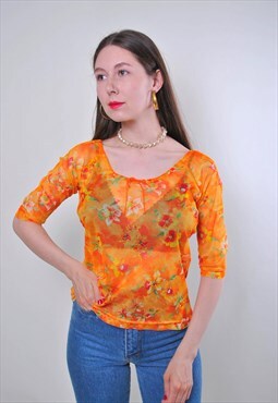 Vintage flowers orange blouse, cute retro women shirt 