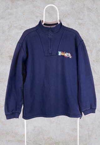 VINTAGE DISNEY 1/4 ZIP SWEATSHIRT EMBROIDERED BLUE MEDIUM