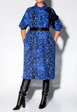 Women Blue Dress, Animal Print Dress, Loose Dress,Midi Dress