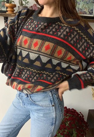 VINTAGE 80S FAIR ISLE ABSTRACT KNIT JUMPER SWEATER PULLOVER