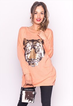 Oversized Jumper with Sequin Tiger in Peach