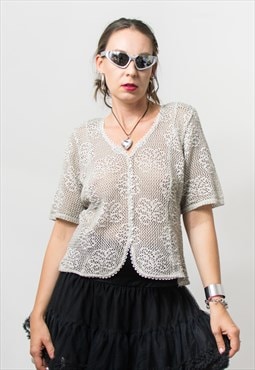Vintage crochet blouse openwork top short slleve women