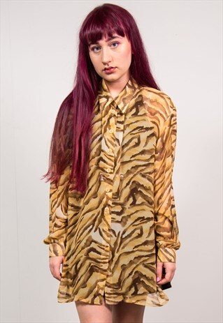 VINTAGE 90'S BROWN TIGER PRINT SHEER OVERSIZED SHIRT