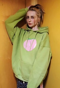 Peach print hoodie emoji pullover in khaki pastel green