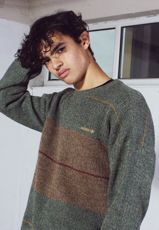 VINTAGE ADIDAS GREEN AND BROWN KNITTED JUMPER
