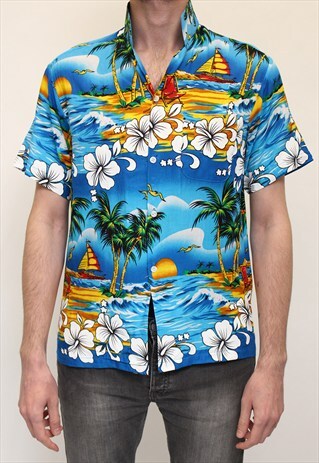 HAWAIIAN STYLE PATTERNED SHIRT-BLUE