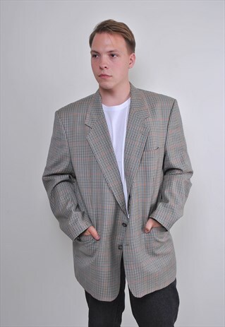 VINTAGE GRAY PLAID WOOL BLAZER, SIZE XL