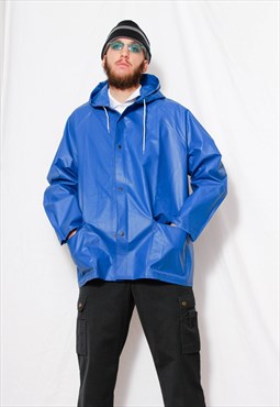 Vintage 90s Grunge Blue PVC Vinyl Hooded Raincoat Jacket