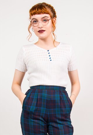 VINTAGE 90'S WHITE CROCHET RIBBED KNIT TOP T-SHIRT