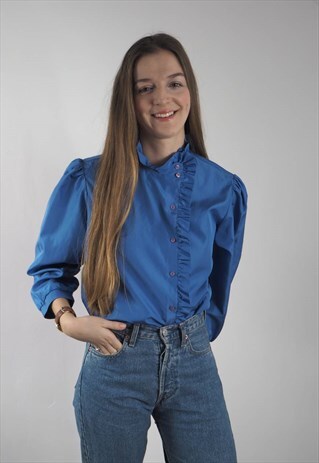 VINTAGE BLUE 80S FRILL BLOUSE