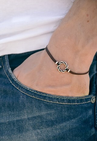 BRACELET FOR MEN SILVER KARMA CIRCLE BROWN CORD GIFT FOR HIM