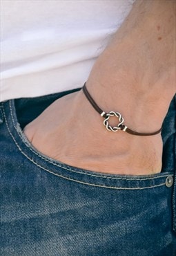 Bracelet for men silver karma circle brown cord gift for him