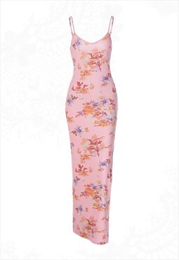 Pink Floral Spaghetti Strap Bodycon Maxi Dress