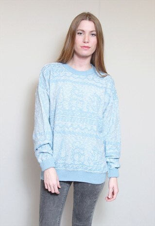 VINTAGE 1990'S BLUE SAILBOAT PATTERN KNIT JUMPER