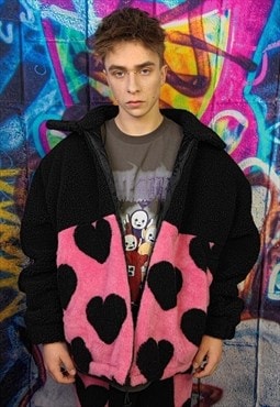 Heart fleece jacket handmade love emoji bomber in pink black