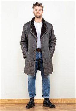 Vintage 70's Men Sheepskin Leather Coat in Grey
