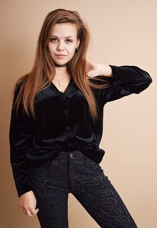 LOVELY 90'S RETRO MINIMALIST VELVET BLACK BLOUSE TOP