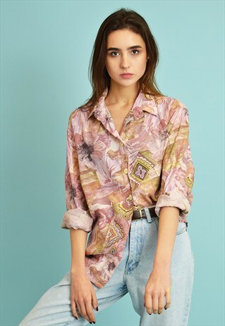 80'S RETRO ABSTRACT FLORAL PATTERN OVERSIZED SHIRT BLOUSE