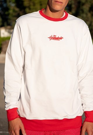 HANDMADE SWEATSHIRT IN WHITE WITH RED CUFFS AND BACK PATCH