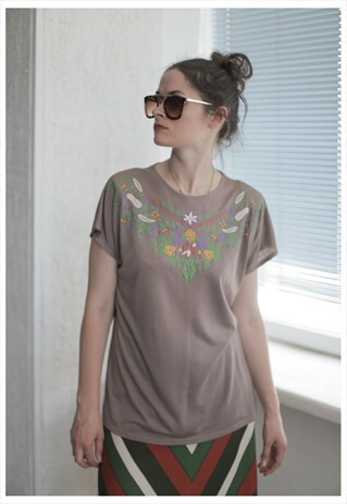 VINTAGE 90'S BROWN FLOWER PRINT SHORT SLEEVE TOP