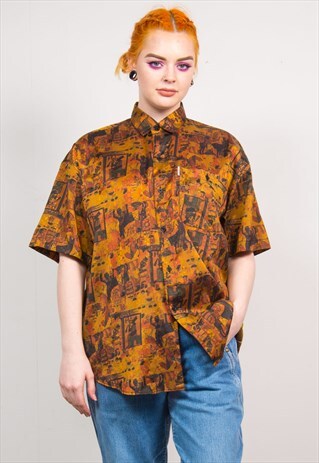 VINTAGE 90'S BROWN EGYPTIAN PATTERN OVERSIZED SHIRT