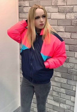 Navy Blue & Neon Pink Puffa Ski Style Winter Jacket