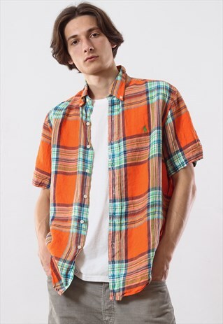 VINTAGE MEN RALPH LAUREN PLAID LINEN SHORT SLEEVE SHIRT