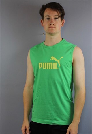 VINTAGE PUMA T SHIRT VEST IN GREEN WITH PRINTED PUMA LOGO. S