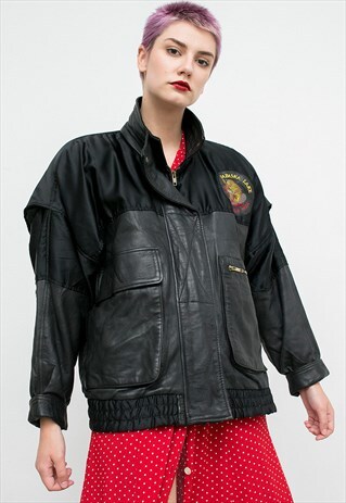 VINTAGE BLACK LEATHER BIKER JACKET LARGE POCKETS GRUNGE LOOK