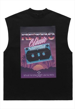 Cassette print tank top surfer vest retro sleeveless t-shirt