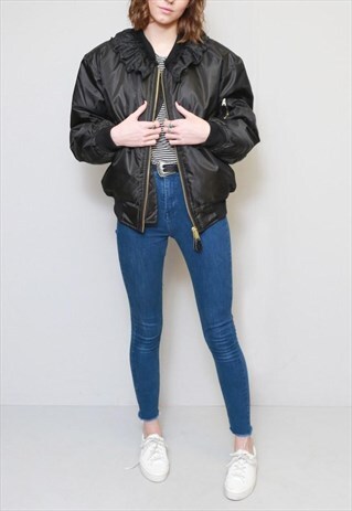 VINTAGE STYLE BLACK RUFFLED BOMBER JACKET