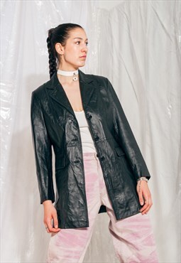 Vintage Leather Jacket 90s Matrix Style Rave Coat in Black