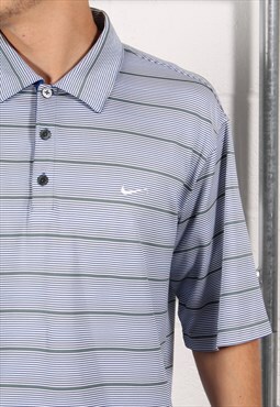 Vintage Nike Polo Shirt Blue Stripe Short Sleeve Tee Large