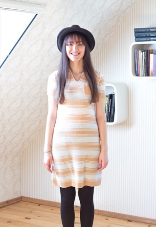 WHITE AND CAMEL STRIPED SOFT DRESS