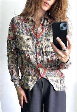 Scarf Print Patchwork 80s Casual Blouse Large