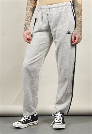 VINTAGE 90'S ADIDAS NAVY STRIPED GREY STRAIGHT LEG JOGGERS