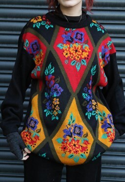 Vintage Patchwork Style Floral Knitted Jumper