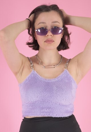 Y2K CROP TOP IN FLUFFY PURPLE WITH SILVER CHAIN STRAPS