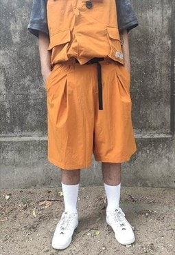 Cargo pocket utility shorts premium cropped overalls orange