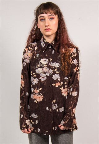 VINTAGE 70'S BROWN LACE SHEER FLORAL PRINT BLOUSE