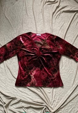 Vintage 90s Y2K 2000s Velour Burgundy Red Stretchy Party Top