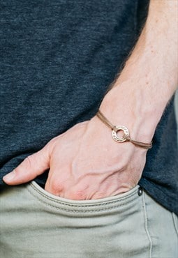 Silver Karma bracelet for men brown cord circle charm gift