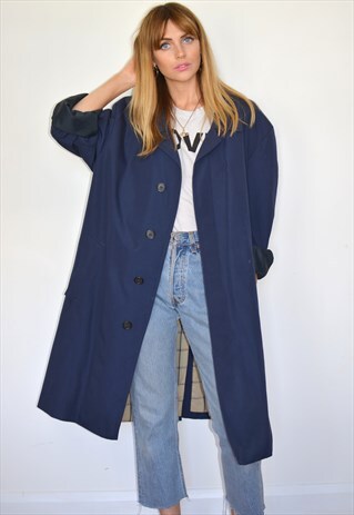 VINTAGE 90S LONG NAVY OVERSIZE MAC TRENCH COAT
