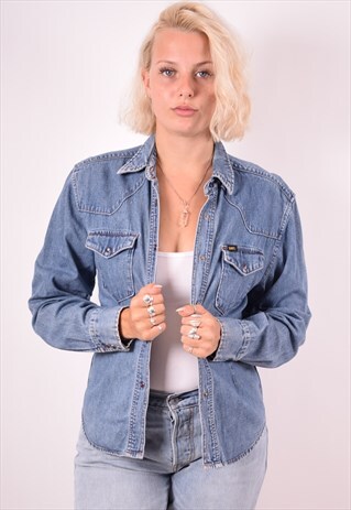 LEE WOMENS VINTAGE DENIM SHIRT MEDIUM BLUE 90S